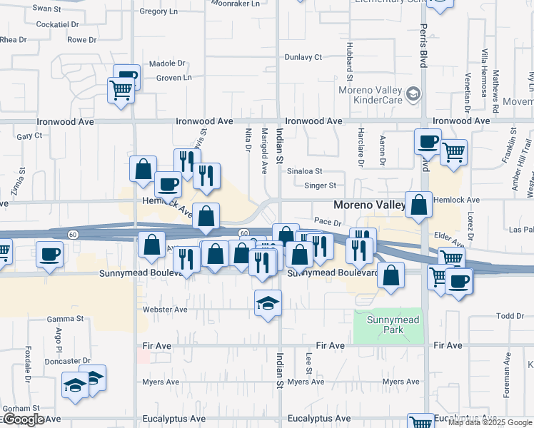 map of restaurants, bars, coffee shops, grocery stores, and more near 24513 Hemlock Avenue in Moreno Valley