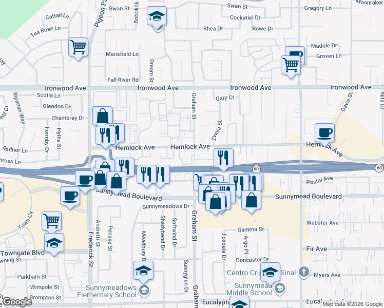 map of restaurants, bars, coffee shops, grocery stores, and more near 12325 Graham Street in Moreno Valley