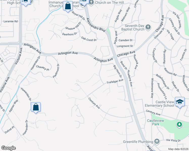 map of restaurants, bars, coffee shops, grocery stores, and more near 2223 El Capitan Drive in Riverside