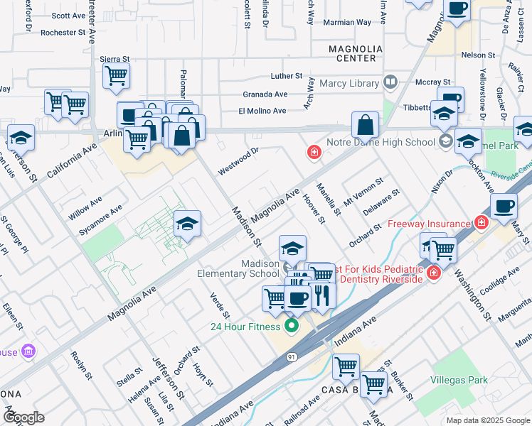 map of restaurants, bars, coffee shops, grocery stores, and more near 7448 Magnolia Avenue in Riverside