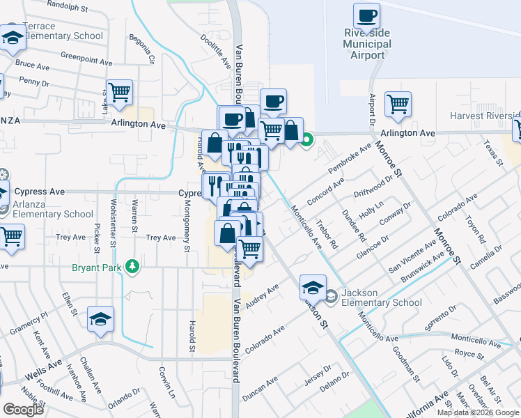 map of restaurants, bars, coffee shops, grocery stores, and more near 4920 Jackson Street in Riverside