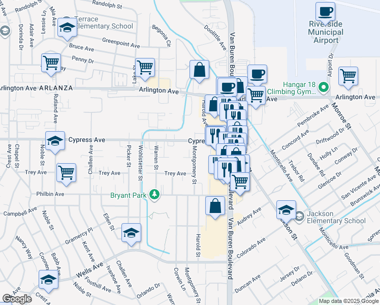 map of restaurants, bars, coffee shops, grocery stores, and more near 7721 Janet Avenue in Riverside