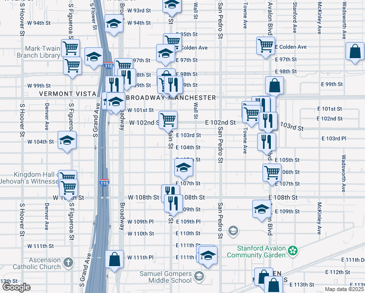 map of restaurants, bars, coffee shops, grocery stores, and more near 109 East 104th Street in Los Angeles