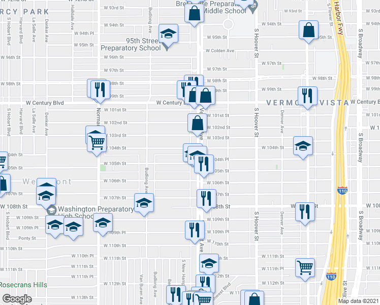 map of restaurants, bars, coffee shops, grocery stores, and more near 1028 West 104th Street in Los Angeles