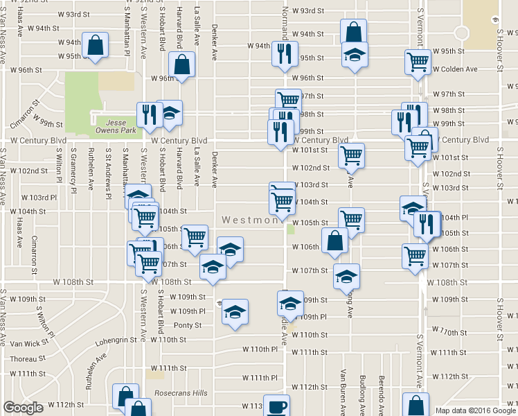 map of restaurants, bars, coffee shops, grocery stores, and more near 1448 West 104th Street in Los Angeles