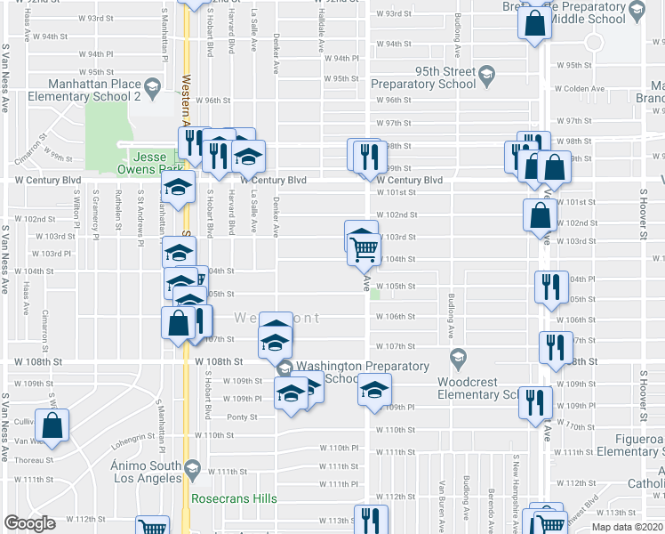 map of restaurants, bars, coffee shops, grocery stores, and more near 1448 West 104th Street in Los Angeles