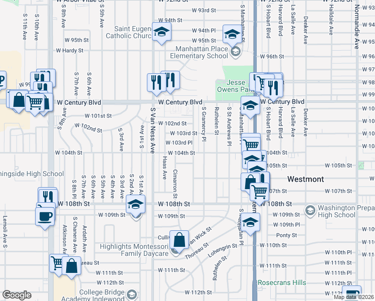 map of restaurants, bars, coffee shops, grocery stores, and more near 2059 West 104th Street in Los Angeles