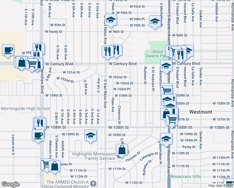 map of restaurants, bars, coffee shops, grocery stores, and more near 2059 West 104th Street in Los Angeles
