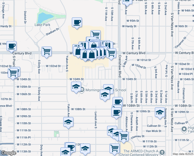 map of restaurants, bars, coffee shops, grocery stores, and more near 3319 West 104th Street in Inglewood