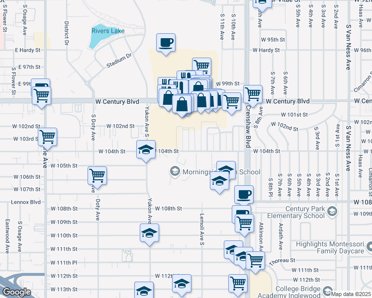 map of restaurants, bars, coffee shops, grocery stores, and more near 3409 West 104th Street in Inglewood