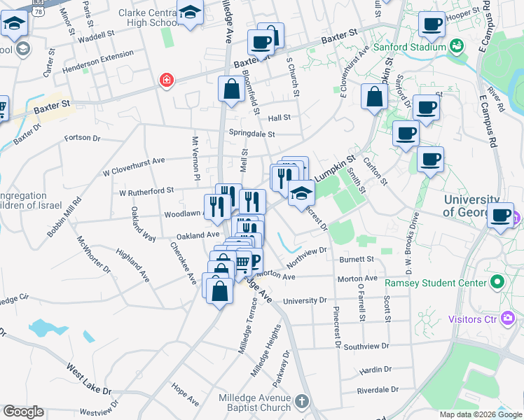 map of restaurants, bars, coffee shops, grocery stores, and more near 1540 South Lumpkin Street in Athens