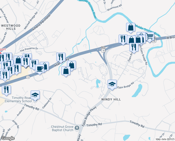 map of restaurants, bars, coffee shops, grocery stores, and more near 350 Wood Lake Drive in Athens