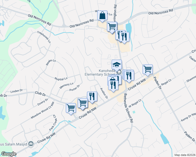 map of restaurants, bars, coffee shops, grocery stores, and more near 1065 Avalon Drive in Lawrenceville