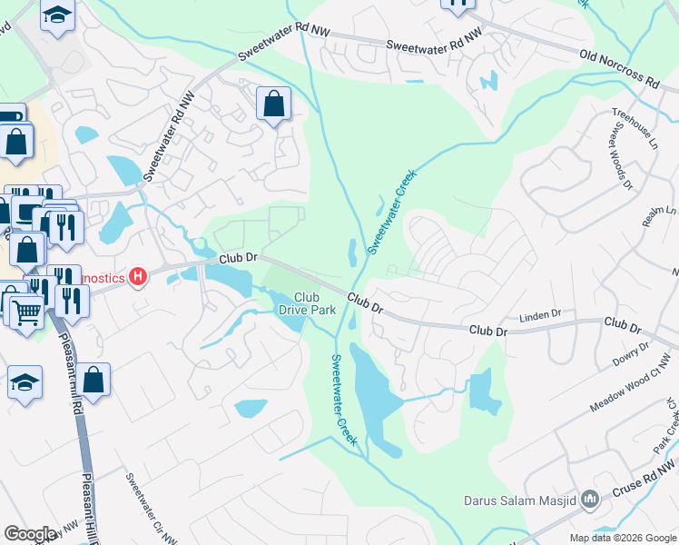 map of restaurants, bars, coffee shops, grocery stores, and more near 3221 Tennington Place in Lawrenceville