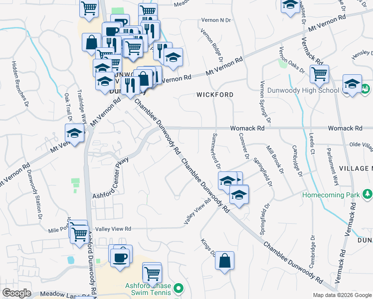 map of restaurants, bars, coffee shops, grocery stores, and more near 5249 Chamblee Dunwoody Road in Dunwoody