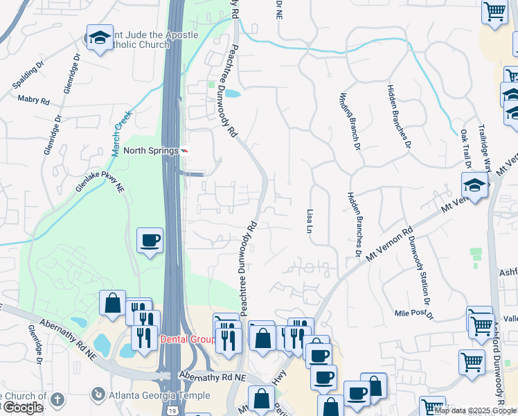 map of restaurants, bars, coffee shops, grocery stores, and more near 5849 Peachtree Dunwoody Road in Sandy Springs