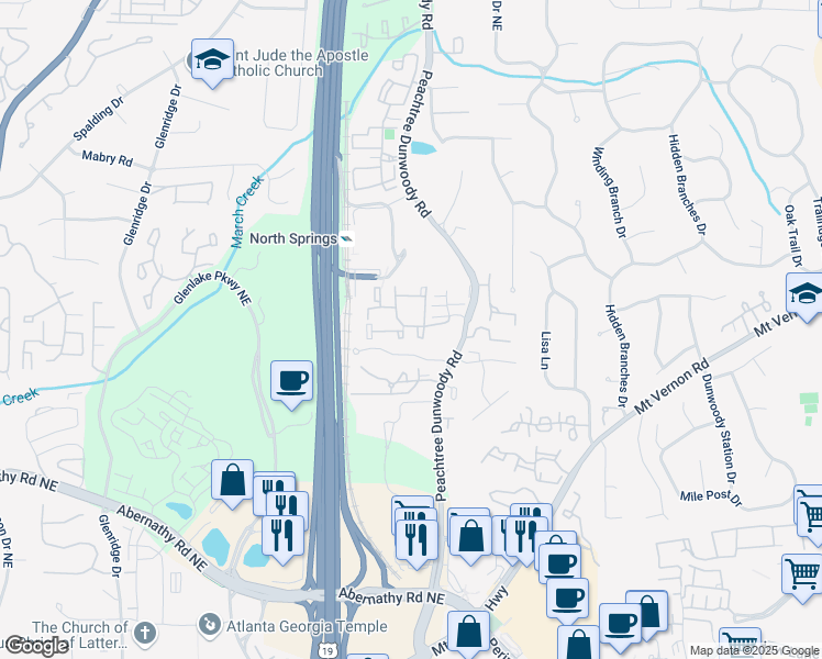 map of restaurants, bars, coffee shops, grocery stores, and more near 900 Peachtree Dunwoody Court Northeast in Atlanta