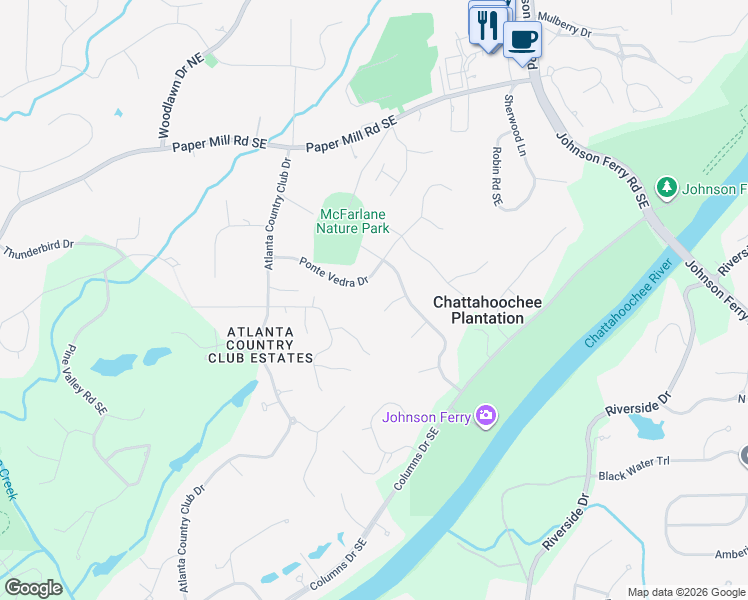 map of restaurants, bars, coffee shops, grocery stores, and more near 4622 Crepe Myrtle Circle Southeast in Marietta