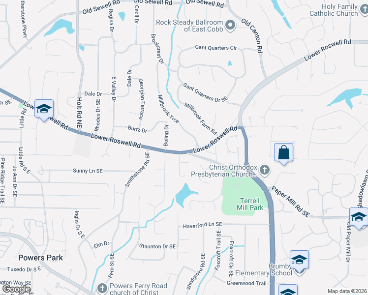 map of restaurants, bars, coffee shops, grocery stores, and more near 420 Millbrook Trce in Marietta