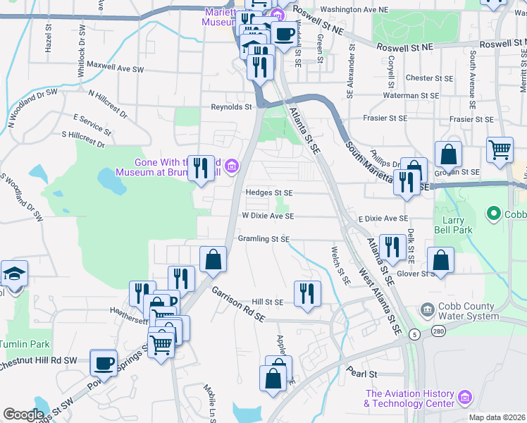 map of restaurants, bars, coffee shops, grocery stores, and more near 63 West Dixie Avenue Southeast in Marietta