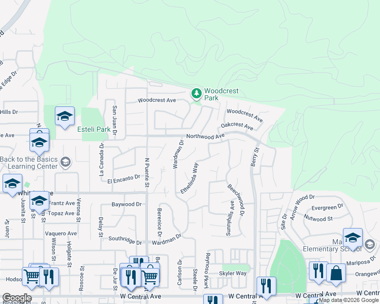 map of restaurants, bars, coffee shops, grocery stores, and more near 1019 West Dorothy Drive in Brea