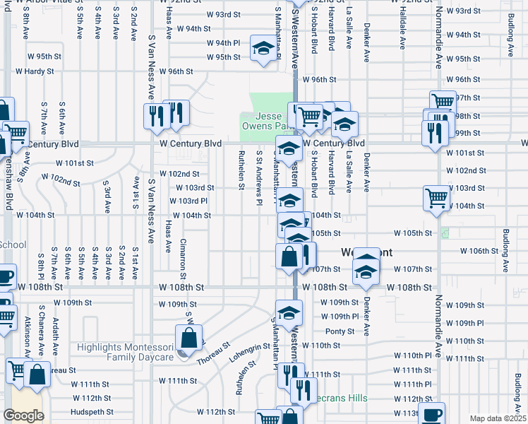 map of restaurants, bars, coffee shops, grocery stores, and more near 1861 West 104th Street in Los Angeles