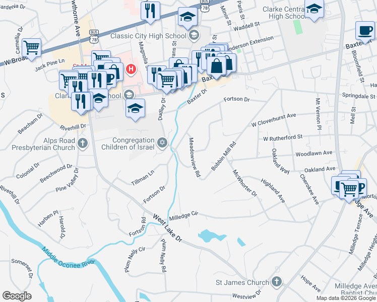map of restaurants, bars, coffee shops, grocery stores, and more near 145 Meadowview Road in Athens