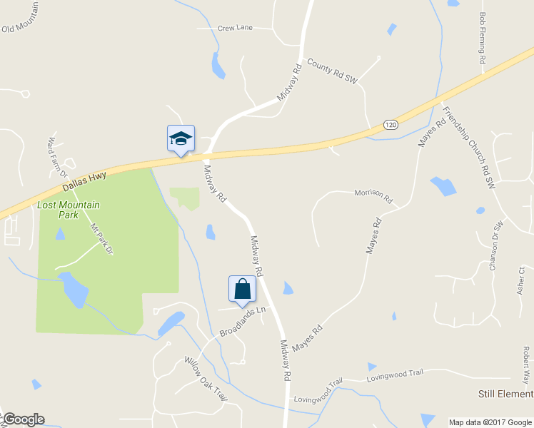 map of restaurants, bars, coffee shops, grocery stores, and more near 505 Midway Road in Powder Springs