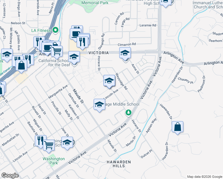 map of restaurants, bars, coffee shops, grocery stores, and more near 3044 Horace Street in Riverside