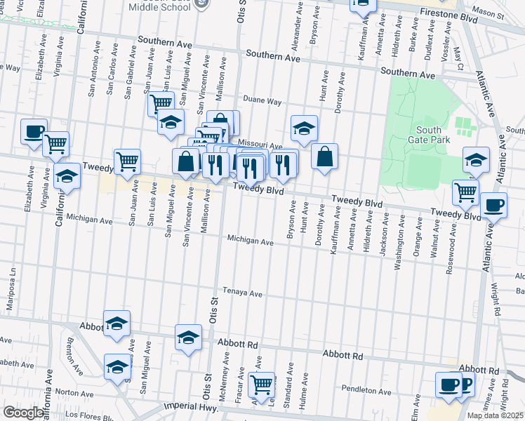 map of restaurants, bars, coffee shops, grocery stores, and more near 10010 Bowman Avenue in South Gate