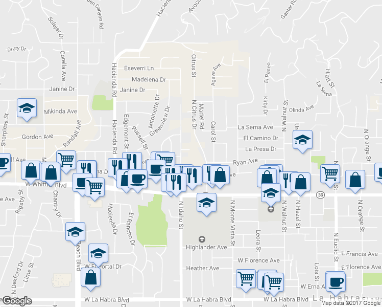 map of restaurants, bars, coffee shops, grocery stores, and more near 10032 Vecino Lane in La Habra