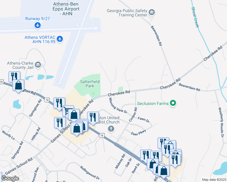 map of restaurants, bars, coffee shops, grocery stores, and more near 2850 Cherokee Road in Athens
