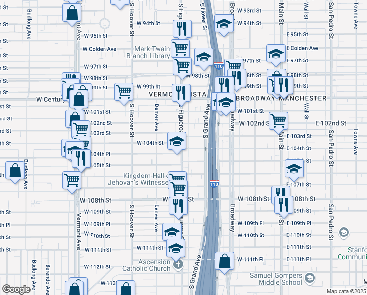 map of restaurants, bars, coffee shops, grocery stores, and more near 451 West 104th Street in Los Angeles