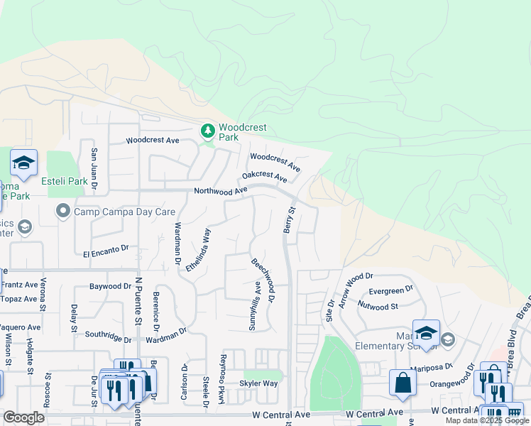 map of restaurants, bars, coffee shops, grocery stores, and more near 1438 Beechwood Drive in Brea