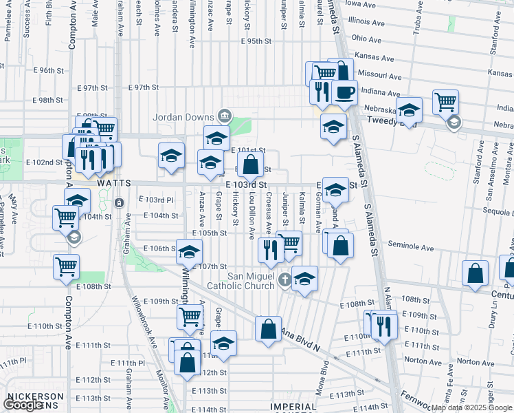 map of restaurants, bars, coffee shops, grocery stores, and more near 10336 Lou Dillon Avenue in Los Angeles