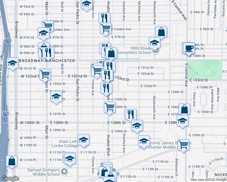 map of restaurants, bars, coffee shops, grocery stores, and more near 613 East 104th Street in Los Angeles