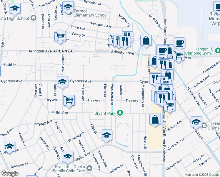 map of restaurants, bars, coffee shops, grocery stores, and more near 5930 Wohlstetter Street in Riverside