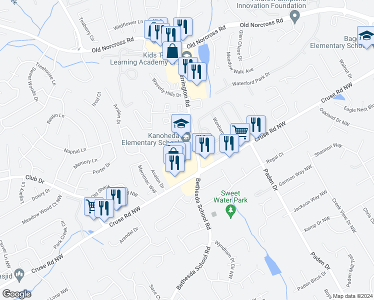 map of restaurants, bars, coffee shops, grocery stores, and more near 2800 Herrington Woods Court Northwest in Lawrenceville