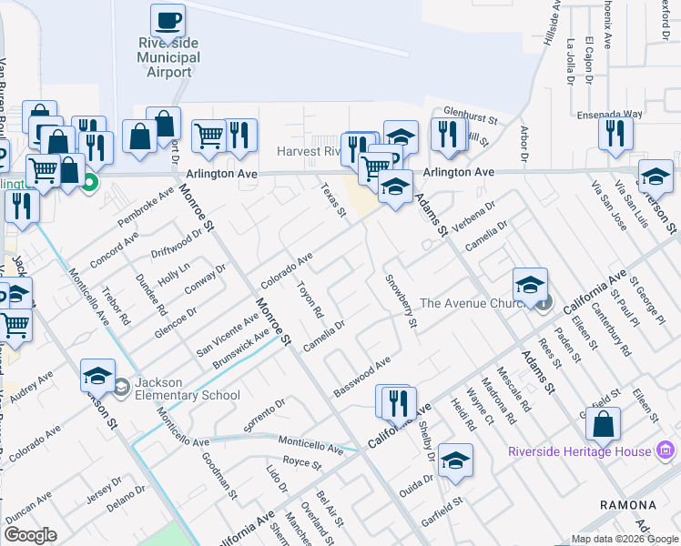 map of restaurants, bars, coffee shops, grocery stores, and more near 8529 Brunswick Avenue in Riverside