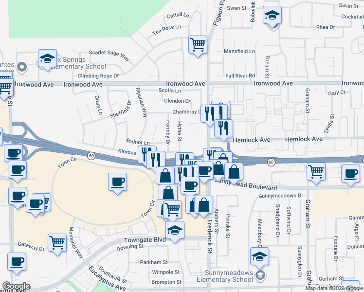 map of restaurants, bars, coffee shops, grocery stores, and more near 12314 Hythe Street in Moreno Valley
