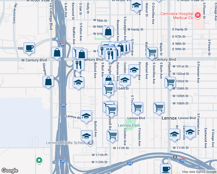 map of restaurants, bars, coffee shops, grocery stores, and more near 10333 South Inglewood Avenue in Inglewood