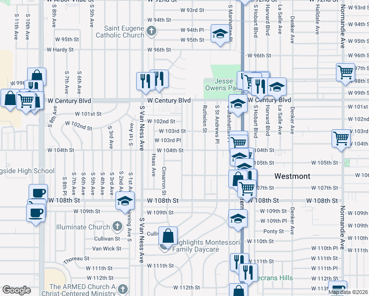 map of restaurants, bars, coffee shops, grocery stores, and more near 2017 West 104th Street in Los Angeles