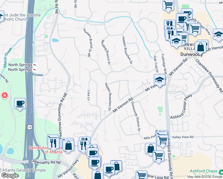 map of restaurants, bars, coffee shops, grocery stores, and more near 4909 Hidden Branches Drive in Dunwoody