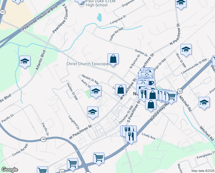 map of restaurants, bars, coffee shops, grocery stores, and more near 281 Lake Drive in Norcross