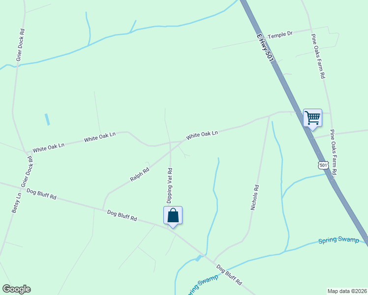 map of restaurants, bars, coffee shops, grocery stores, and more near 1301 Ralph Road in Galivants Ferry