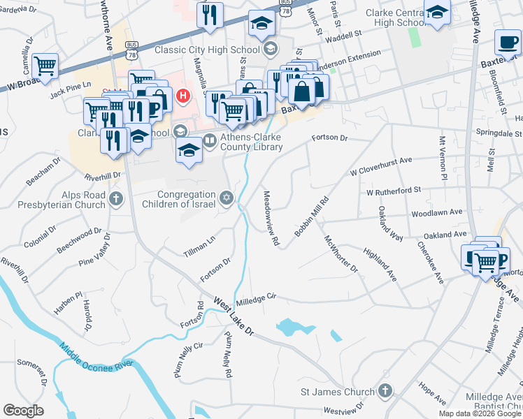map of restaurants, bars, coffee shops, grocery stores, and more near 145 Meadowview Road in Athens