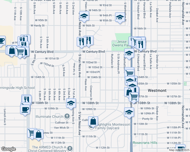 map of restaurants, bars, coffee shops, grocery stores, and more near 2053 West 104th Street in Los Angeles