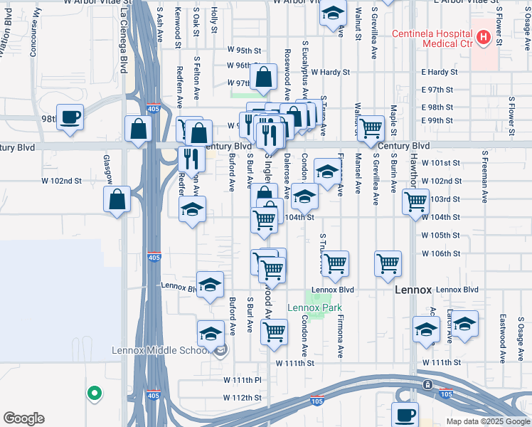 map of restaurants, bars, coffee shops, grocery stores, and more near 4811 West 104th Street in Inglewood