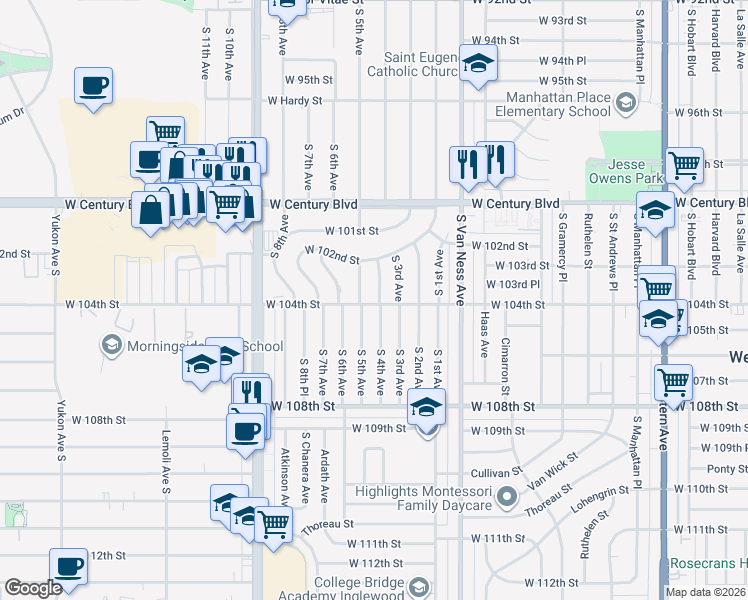 map of restaurants, bars, coffee shops, grocery stores, and more near 10253 South 4th Avenue in Inglewood
