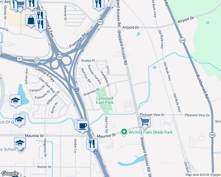 map of restaurants, bars, coffee shops, grocery stores, and more near 1511 Parkdale Drive in Wichita Falls